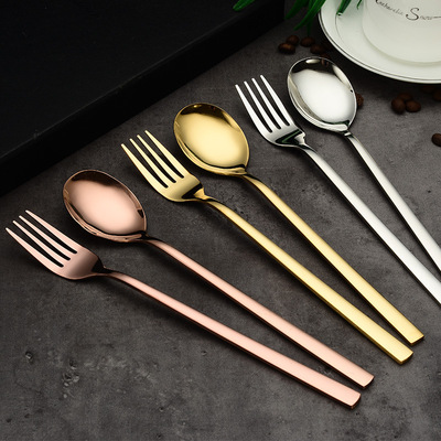 跨境304不锈钢餐具韩式长柄勺叉水果叉不锈钢勺子搅拌咖啡甜品勺|ru