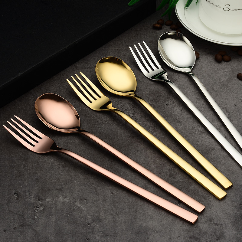 跨境304不锈钢餐具韩式长柄勺叉水果叉不锈钢勺子搅拌咖啡甜品勺|ru