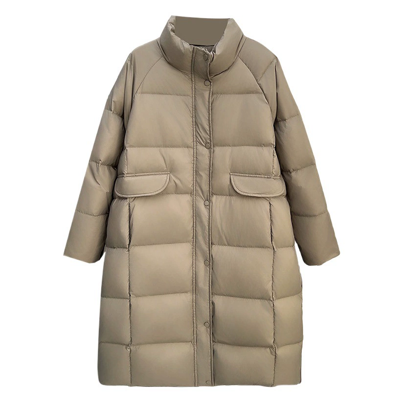 220 кг Толстая девушка зимний простой длинный пуховик с воротником-стойкой плюс размер женское теплое однотонное пальто 2083