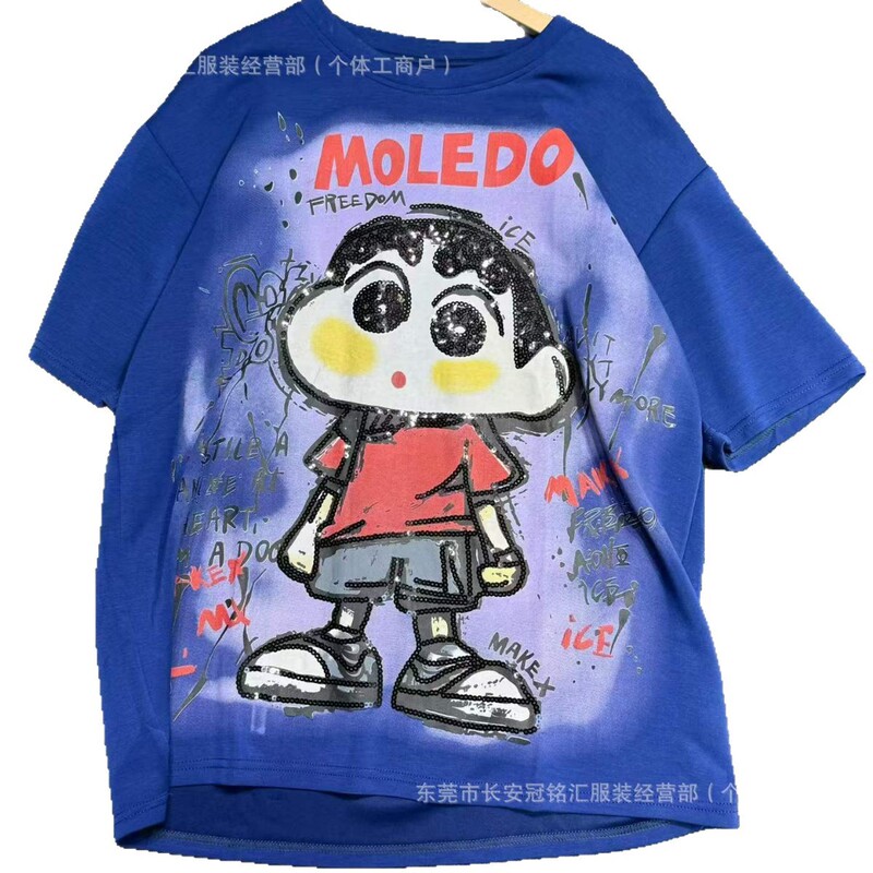 Foreign trade cross-border 300g heavyweight short-sleeve T-shirt for women, cartoon anime rhinestone oversize loose drop-shoulder top Foreign trade cross-border 300g heavyweight short-sleeve T-shirt for women, cartoon anime rhinestone oversize loose drop-shoulder top