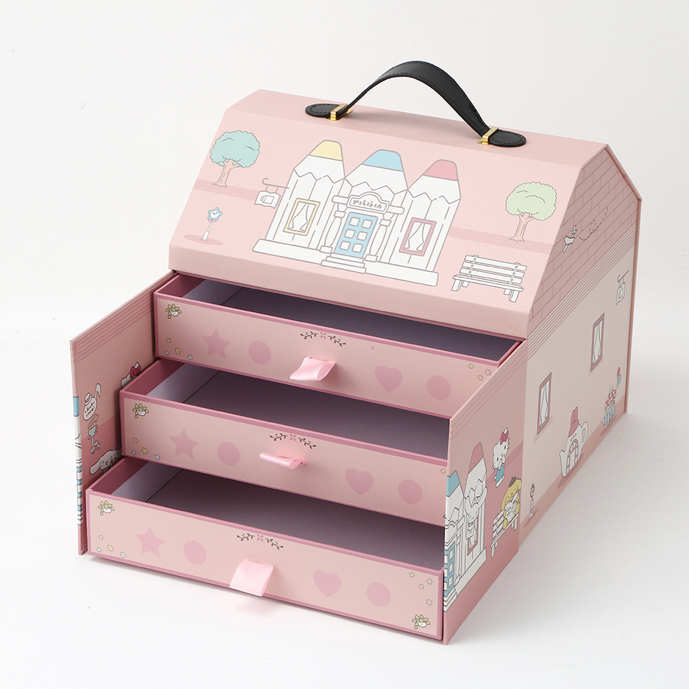 Caja de regalo de doble puerta de dibujos animados Caja de almacenamiento de joyas de chicas Caja de embalaje de regalos Caja de transporte de tres capas Caja al por mayor