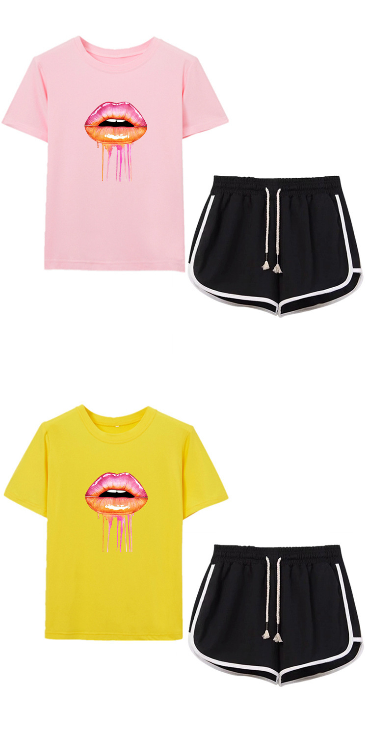 pink big lips personality printing T-shirt drawstring shorts casual set NSYIC65447