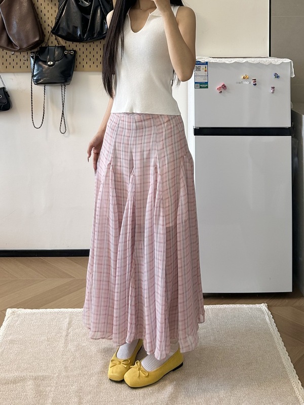 【现货】2025粉格半身裙女夏季垂感薄款雪纺格纹显瘦气质a字长裙|undefined