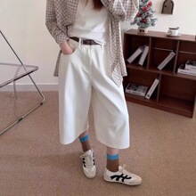 白色直筒牛仔短裤女夏季新款高腰显瘦宽松百搭复古过膝阔腿七分裤