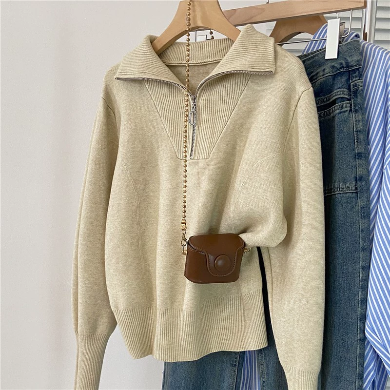 Весенний 2025 новый свободный свитер с высоким воротником и полузастежкой на молнии свитер женский свитер с длинными рукавами