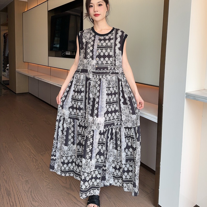 夏季新款绵绸背心蛋糕连衣裙女时尚设计款外穿大码纽扣无袖背心裙|undefined