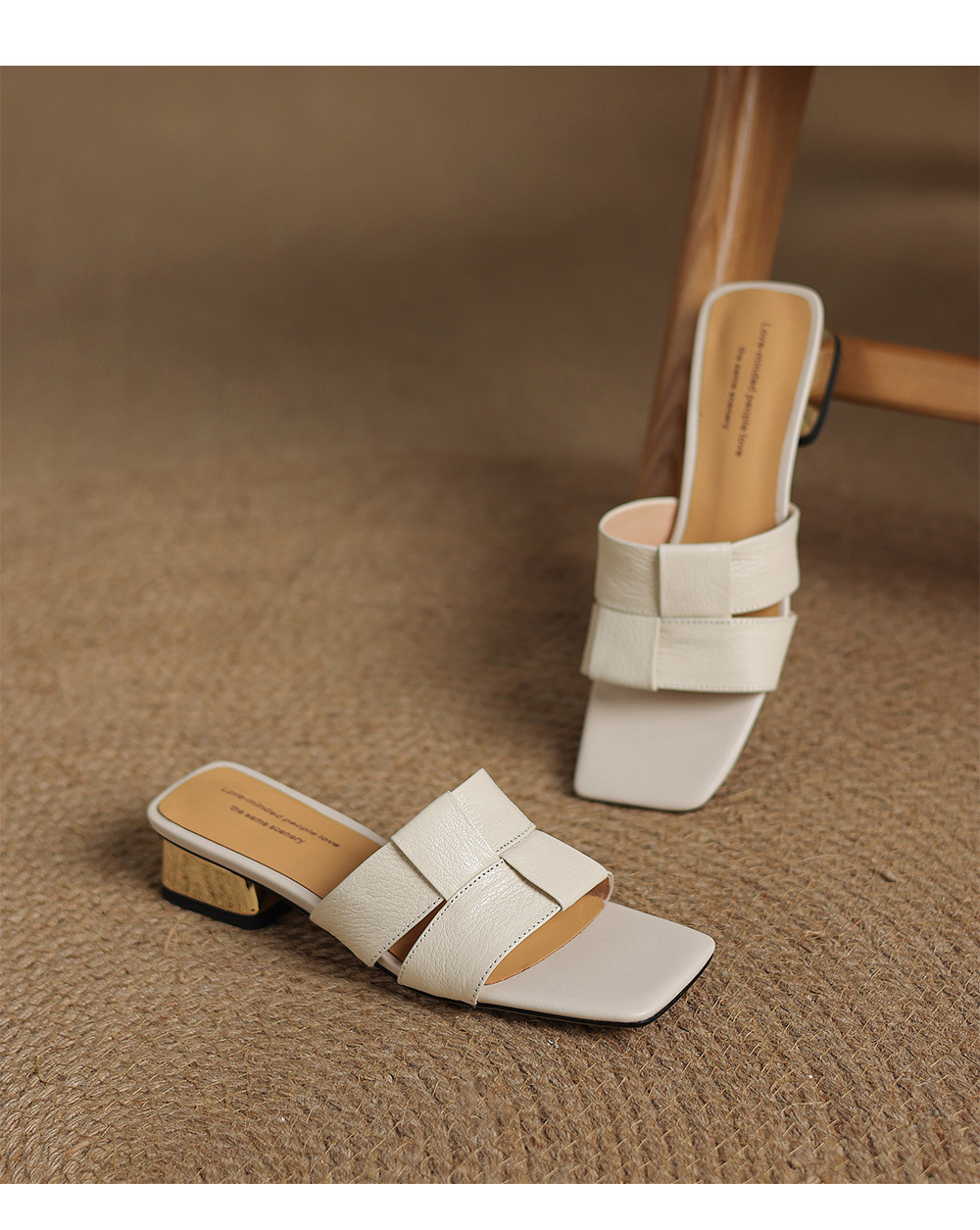 Dép sandal nữ quai chữ V đan mũi vuông hở ngón gót thấp — màu trắng ngà chi tiết 15