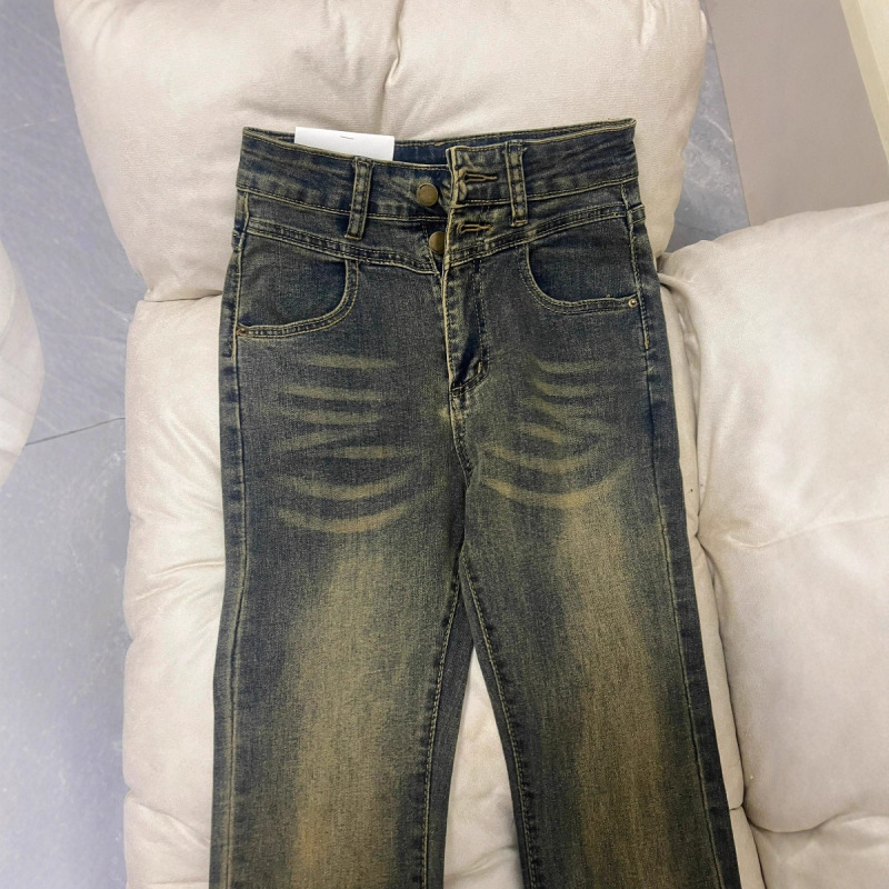 双扣流苏水泥灰微喇牛仔裤女潮流百搭春秋款高腰毛边怀旧拖地长裤|undefined