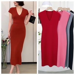 7607 Summer 14-Gauge High-Twist Cotton V-Neck Wrap Sleeve Right Shoulder Breast-Covering Waist Slimming Look Knitted Dress Hip-Covering Skirt