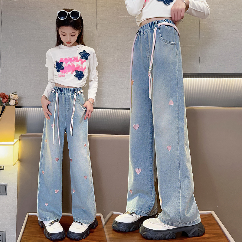 跨境批發女童愛心牛仔褲2024新款休閒寬鬆韓版中大童刺繡闊腿褲潮
