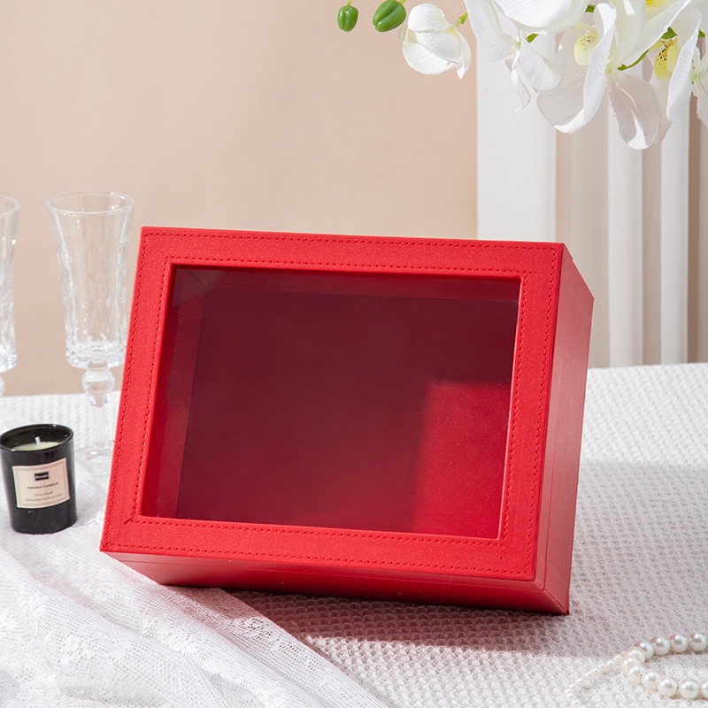 Caja de regalo de ventana de cuero de alta gama cubierta de cielo rectangular caja de regalo de bodas dama de honor caja de dulces vacía caja al por mayor