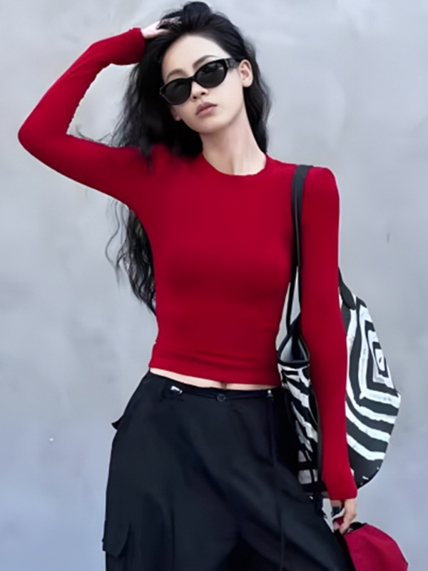 辣妹紧身长袖t恤女秋高级感修身短款针织上衣内搭红色打底衫小衫|undefined