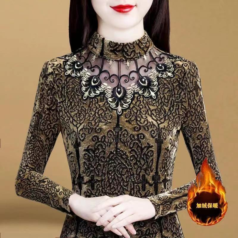 Clearance Sale on New Stylish Fleece-Lined Thick Autumn and Winter Versatile Lace Slimming Turtleneck Base Shirt