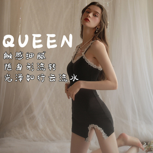 Sexy lingerie, sexy deep V plus breast pads, lace, high slit, backless, tempting suspender nightgown, home wear suit for women