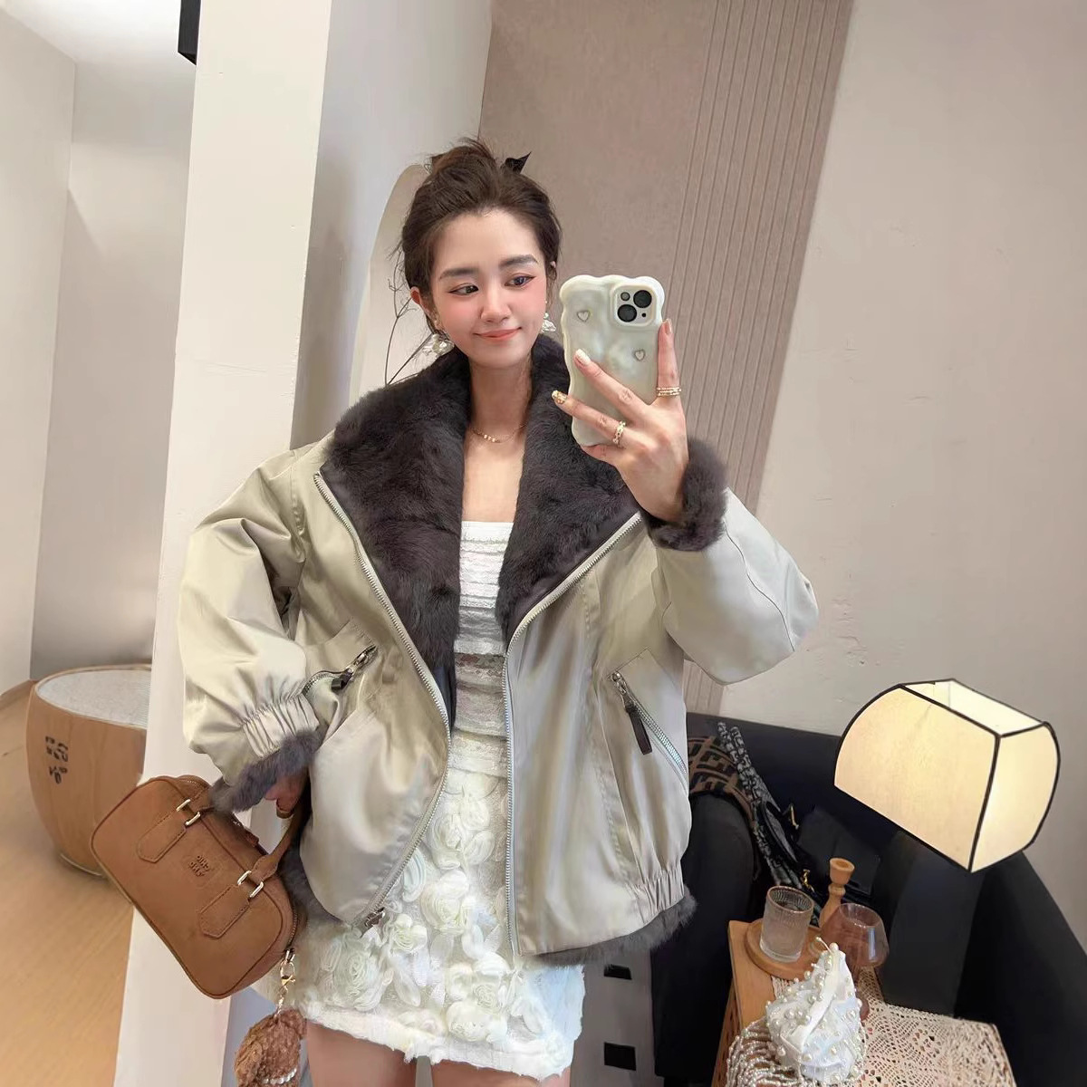2025 New Casual Reversible Fur Parka for Women, Real Rabbit Fur Coat, Young and Loose-fitting with Furry Design, Biker Style