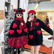 亲子装一家三口新款冬季加绒加厚立体爱心卫衣长袖爬服婴儿拜年服