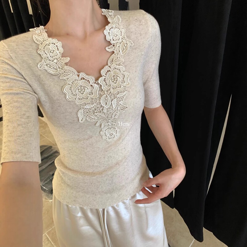 Hers a Touch of Sweet: Vintage V-Neck Crochet Design Mid-Sleeve Knit Top for Women, Slim Fit Summer Top