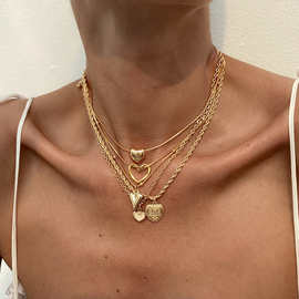 欧美跨境饰品 简约法式设计感链条叠戴项链 爱心吊坠甜酷necklace