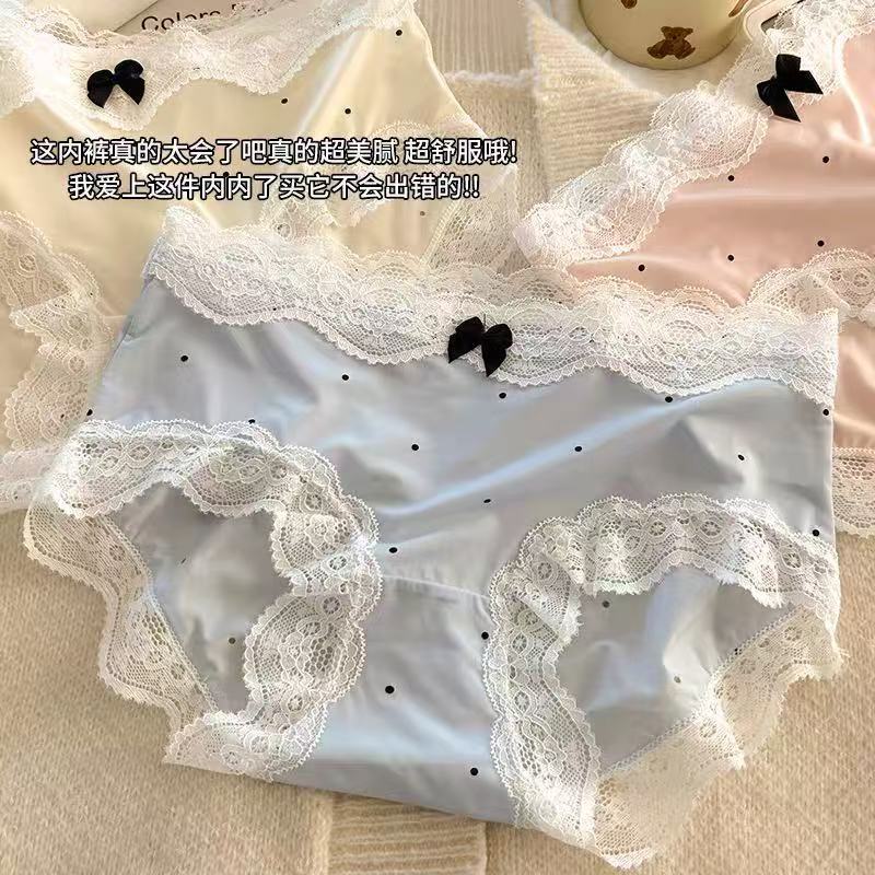 French Retro Style Pure Desire Lace Girl's Polo Dot Briefs Ice Silk Underwear Women's Pure Cotton Crotch Bow Women