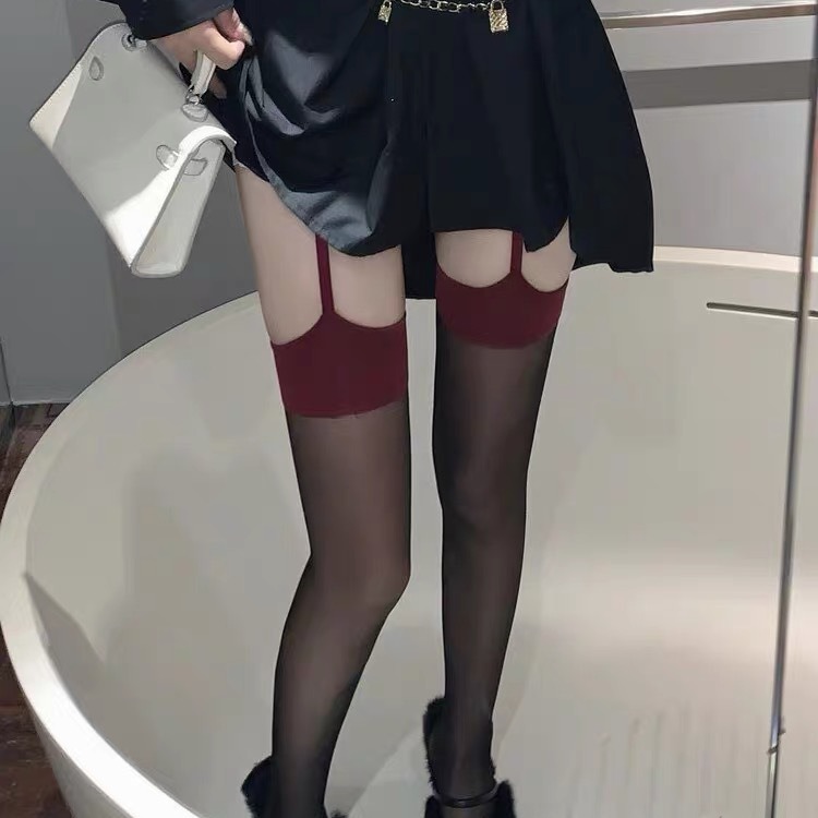 Black and Red Side Silk Stockings Sexy Pure Desire Sling Belt One Knee-over-Knee Socks Emotional Sock Women's Beautiful Legs Internet Red Black