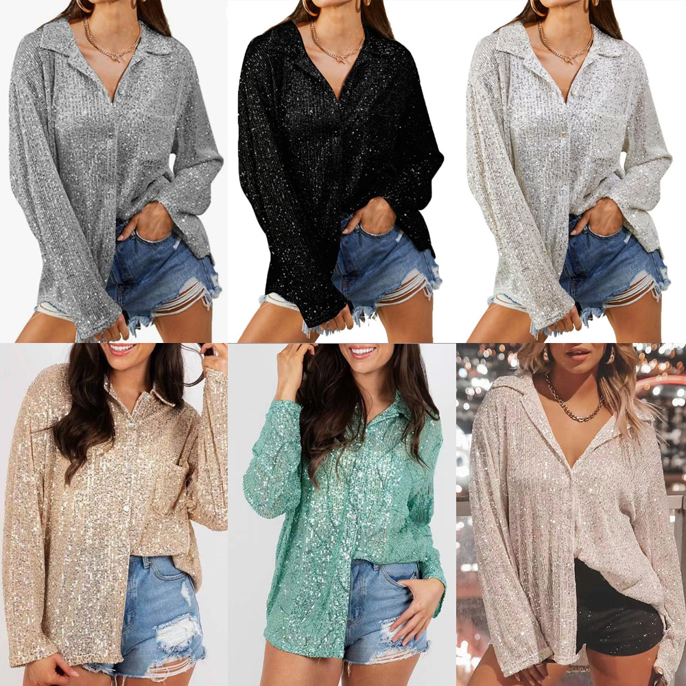 Camisa elegante informal de manga larga con lentejuelas y solapa, nueva moda de Amazon para ropa femenina transfronteriza europea y americana, otoño 2025