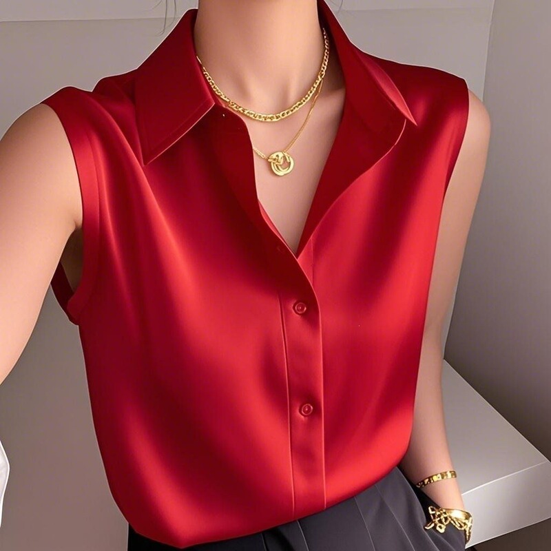 Summer new Korean style sleeveless POLO collar shirt for women, versatile casual satin top with a high-end and elegant feel Summer new Korean style sleeveless POLO collar shirt for women, versatile casual satin top with a high-end and elegant feel