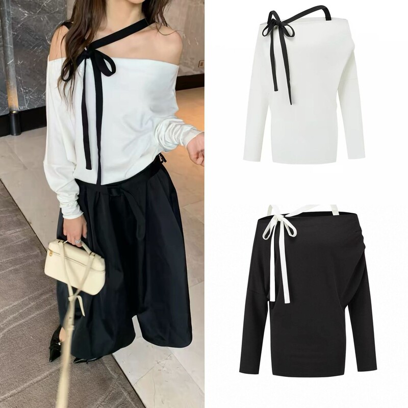 2026 autumn collection: two-color, one-shoulder, tie-front T-shirt 2026 autumn collection: two-color, one-shoulder, tie-front T-shirt