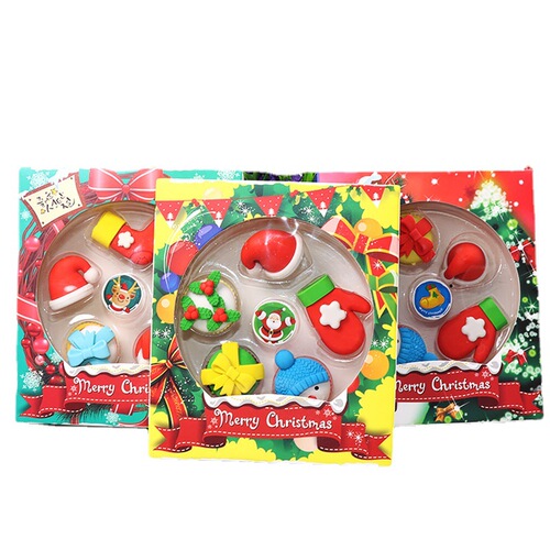 Christmas Eraser Set School Supplies Cartoon Shape Pencil Eraser Gift Box Kindergarten Gift Eraser Wholesale