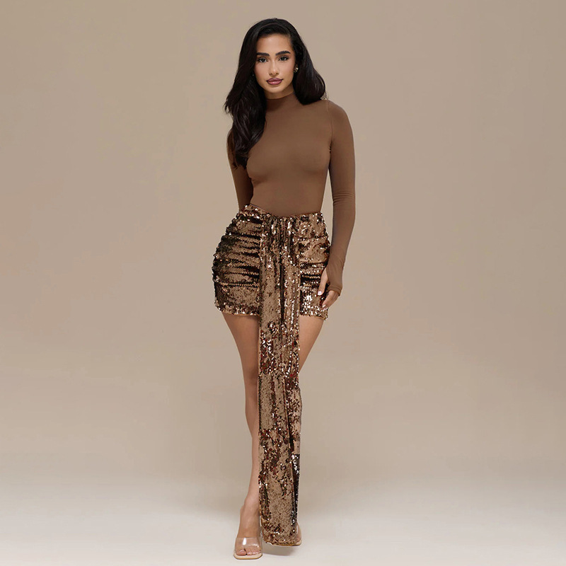 European and American Women's Clothing Winter New Solid Color Elegant Slim Fit Sequined Top Mini Skirt Set Brown Black