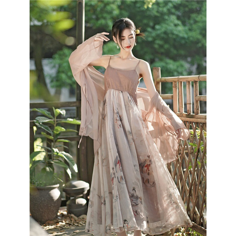 산야 비치 스커트 장난 새로운 중국 스타일 국가 스타일 한 요소 숙녀 그림 슬링 스트랩 원피스 매일 hanfu 개선