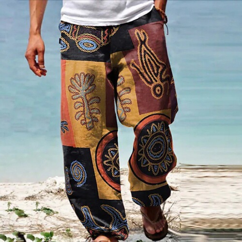 Men's Loose Straight Leg Long Pants with 3D Print, European and American Style, Vacation Beach Pants