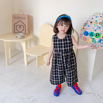 girl Conjoined trousers Western style lattice children summer Thin section 2021 new pattern straps Wide leg pants baby one-piece garment