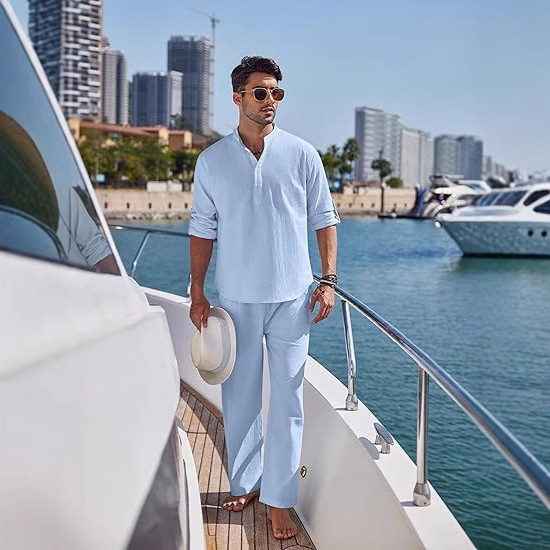 2025 spring foreign trade Amazon best selling men's solid color casual cotton long sleeve Henry shirt pants suit