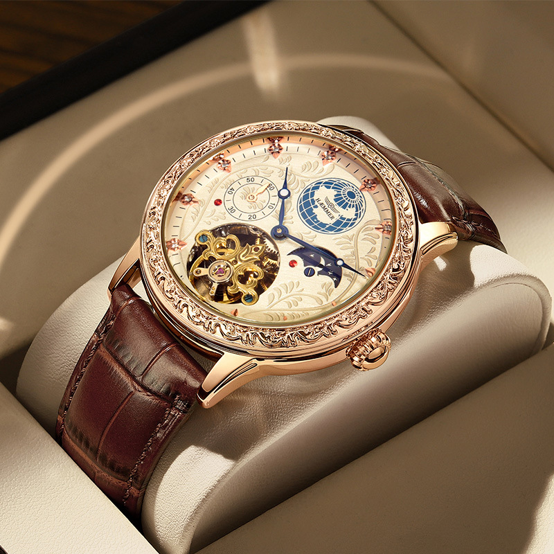 Đồng hồ cơ nam tự động tourbillon lộ máy, vỏ hồng trắng dây da cà phê — Vỏ hồng trắng da cà phê