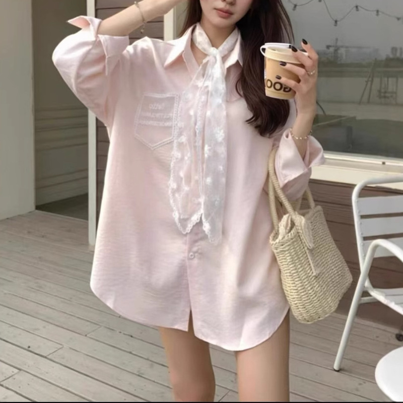 Cross-border Lace Tie Long Sleeve White Shirt Women's Early Spring Fresh Design Sense Niche Shirt Cardigan Top