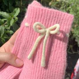 出口韩国~粉色骑行羊毛手套女2023冬季针织蝴蝶结防风保暖含羊毛