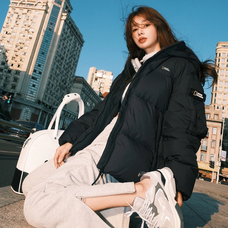 Fenghe 한국 지리 야외 학생 짧은 후드 다운 재킷 유니섹스 두꺼운 재킷 느슨한 빵 세트