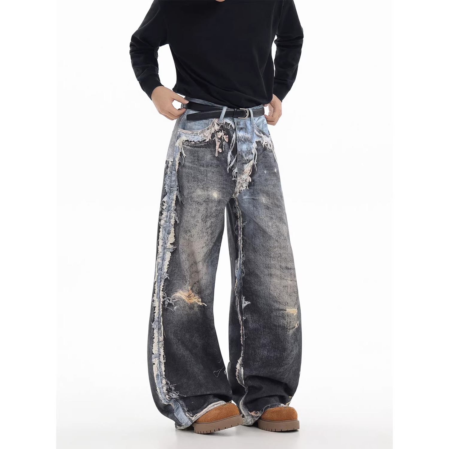 Unisex Distressed Denim Jeans 3D Printed Japanese Streetwear Style Long Pants for Men And Women_mkmklike.com
