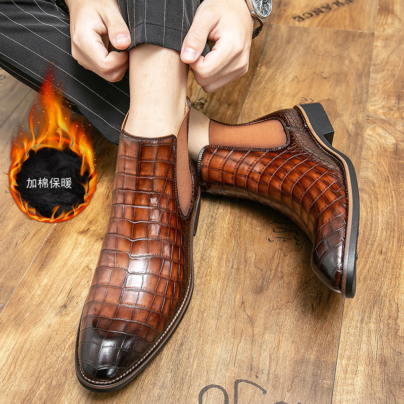 便宜男式皮靴跨境大码高帮棉鞋时尚商务皮鞋加绒切尔西靴一件代发