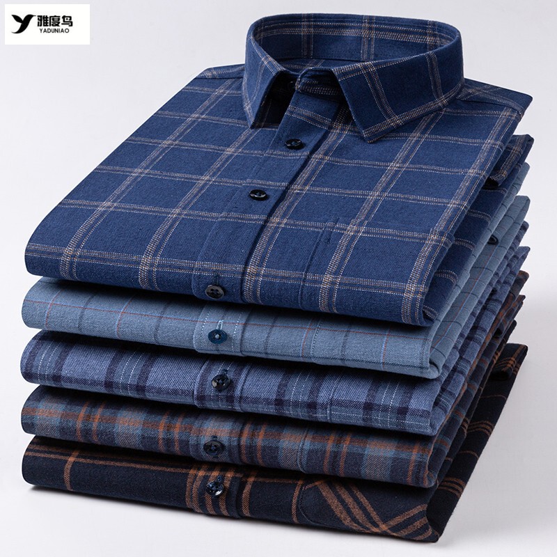 2025 New Large Size Men's Long-Sleeve Cotton Shirt, Business Casual Brushed Plaid Pocket Shirt for Middle-Aged Men, Turn-Down Collar