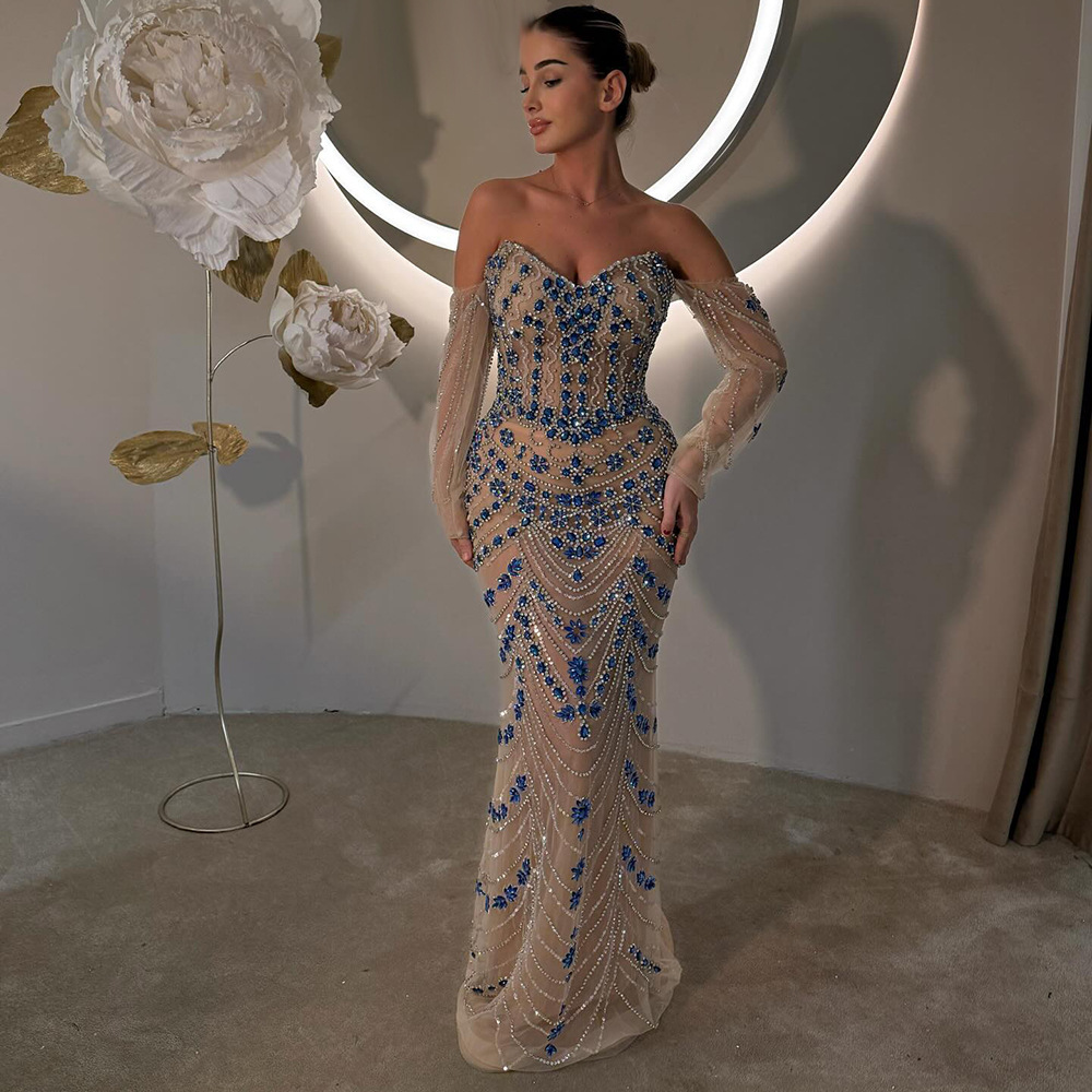 Serene Hill Blue Strap Mermaid Beaded Gown Luxurious Banquet Host Evening Dress La72858