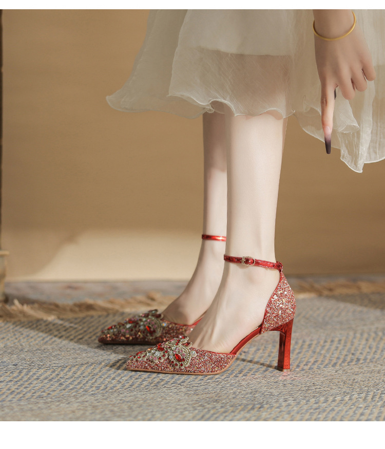Giày sandal cao gót nữ quai ngang mũi nhọn gót nhọn mùa xuân thu 2024 — Màu Sâm panh chi tiết 13