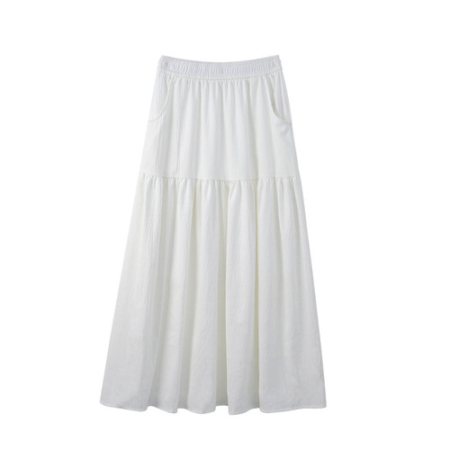 [Pocket model] White skirt, women's summer new style commuter big swing, medium and long skirt, slimming cake skirt