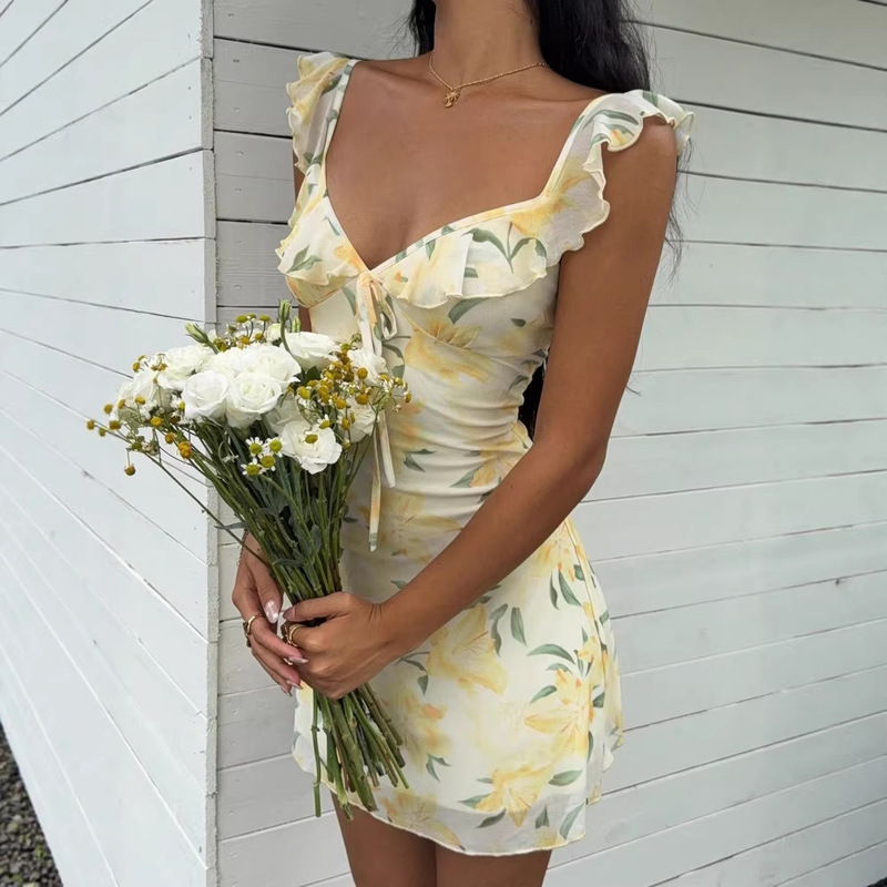 European and American Cross-Border Summer Women's Fashion Yellow Lily Print Ruffled V-Neck Slim-Fit Short Dress