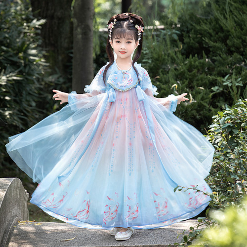 Girls kids blue color chinese hanfu stage performance Han Tang film cosplay fairy princess for children birthday party celebration kimono dress