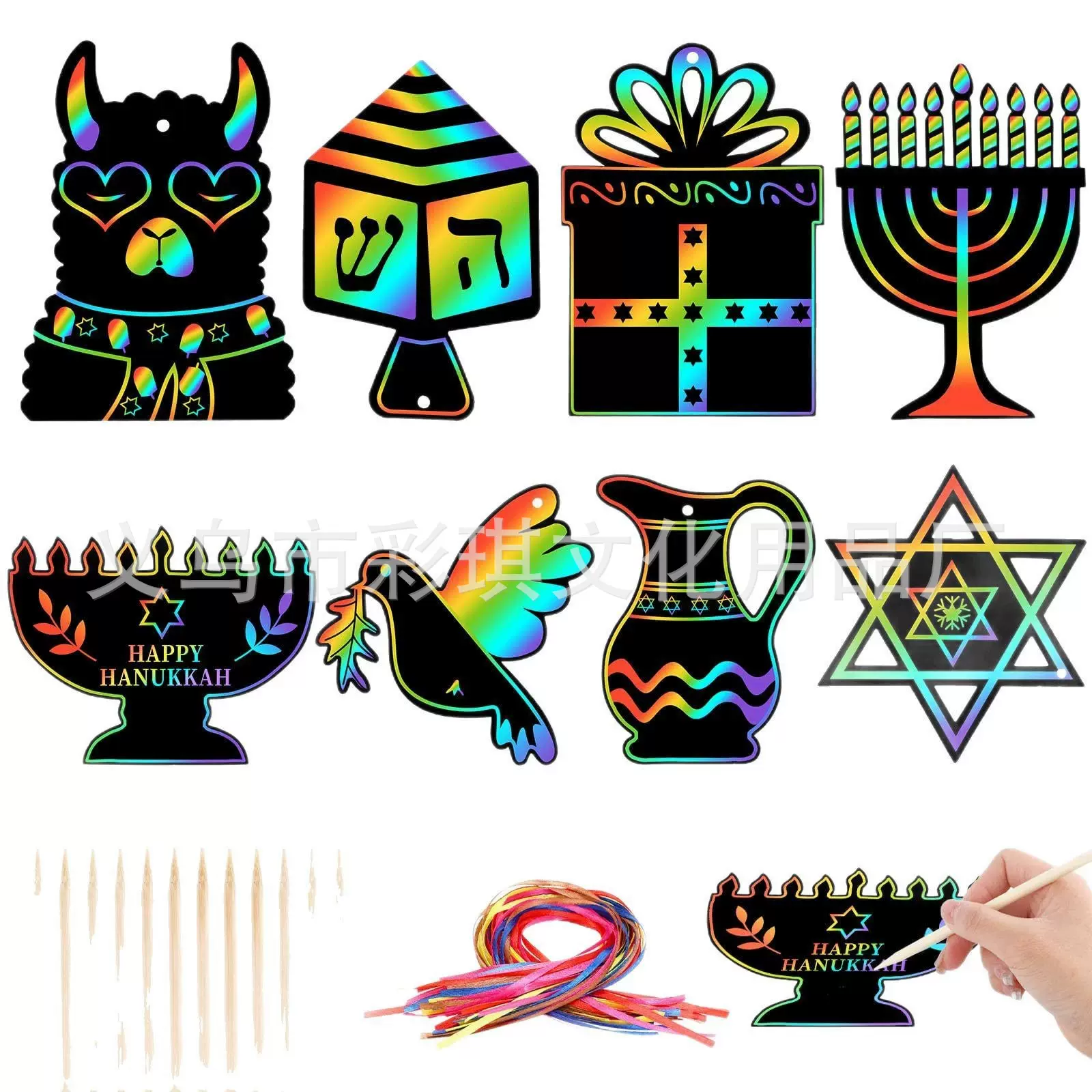 跨境异形光明节刮刮画美术手工DIY卡通刮画竹签彩绳绘画纸批发