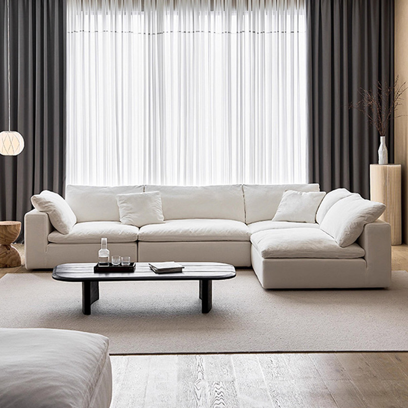 Sofá de tela estilo crema, sofá simple de algodón y lino para sala de estar, sofá nórdico para el hogar, sofá de nube con bloque de tofu, muebles de Foshan