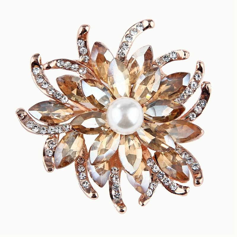 Floral brooch pin, stone inlay with imitation pearl and crystal accents, Korean style
