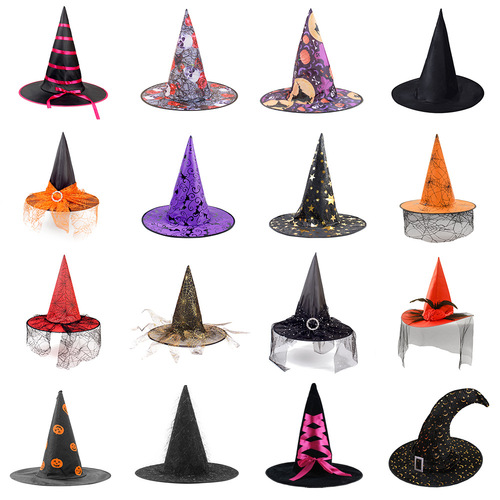 Halloween Hat: Witch Party Decor – Curved Edge Mesh, Pumpkin Print, Magic Wizard Cap with Black Tip