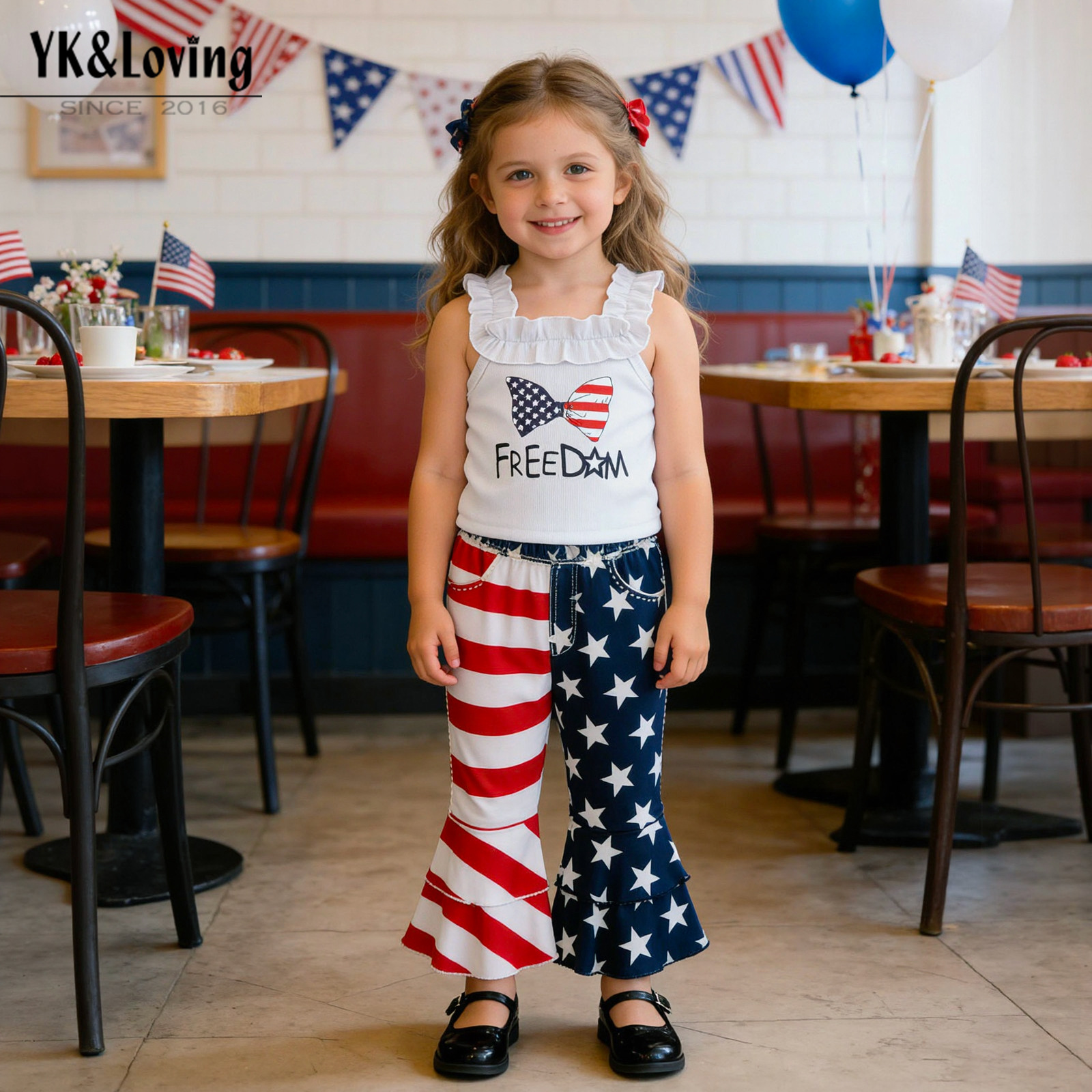 Children's Clothing Girls' Suspender Top with Blue and White Contrasting Print and Flared Long Pants 2-Piece Set, Available on July 4Th